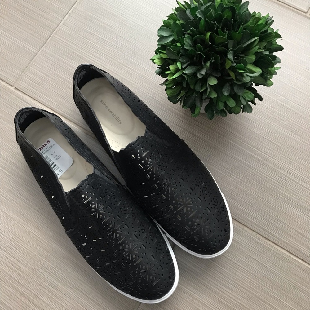 Black Slip On Shoes with Floral Cutout Design